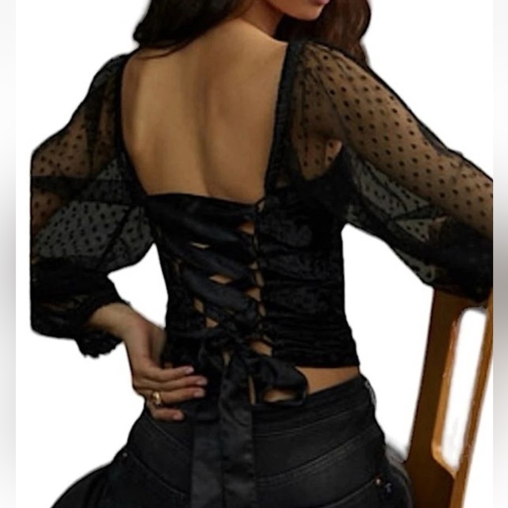 Anthropologie Black Velvet Blouse with Sheer lace balloon Sleeves and lace up